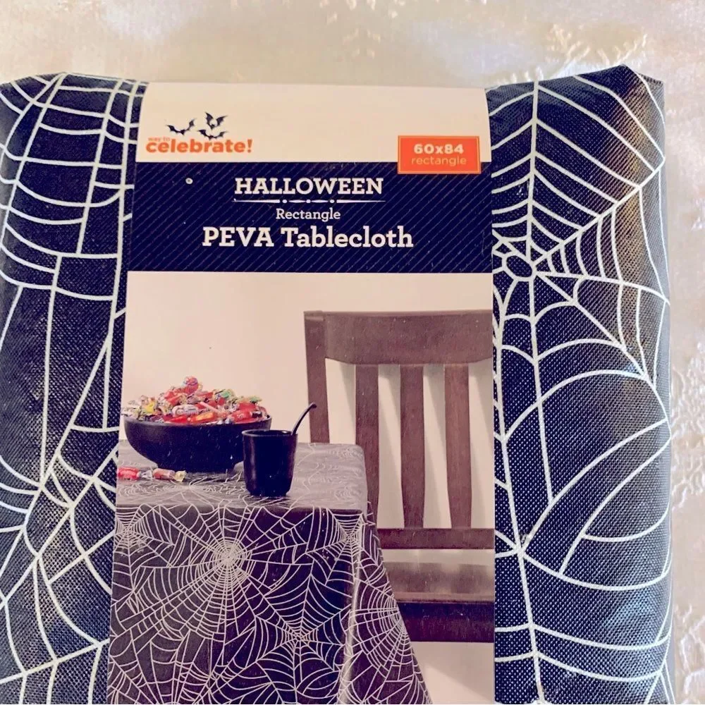 NWT Celebrate It Halloween Spiderweb Peva Tablecloth 69x84 Rectangle Gorgeous